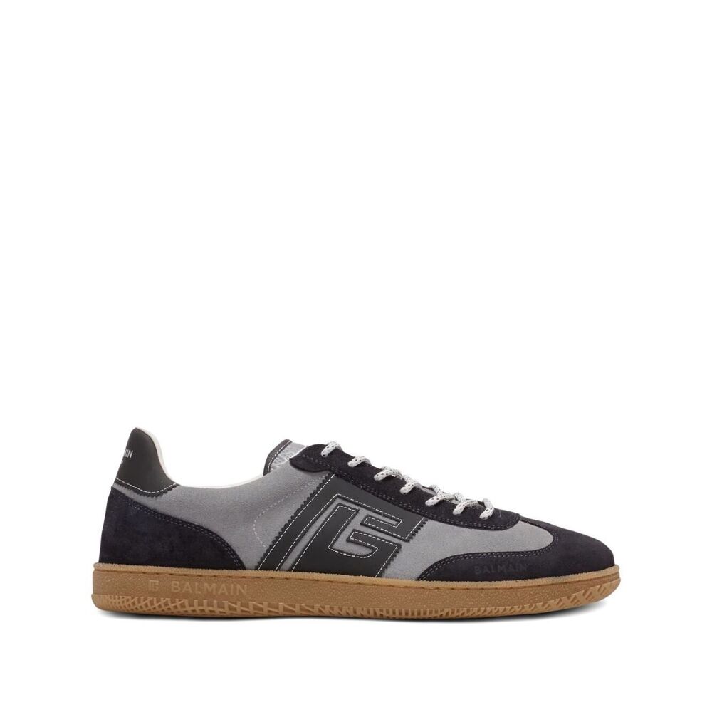 BALMAIN Grey Panelled Suede-Effect Lace-Up Sneakers